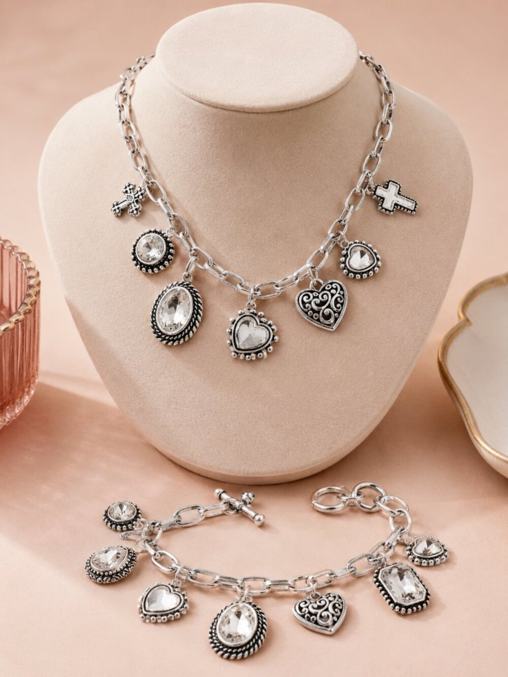 Crystal Metal Heart Charm Silver Plated Toggle Bracelet & Necklace BUNDLE DEAL
